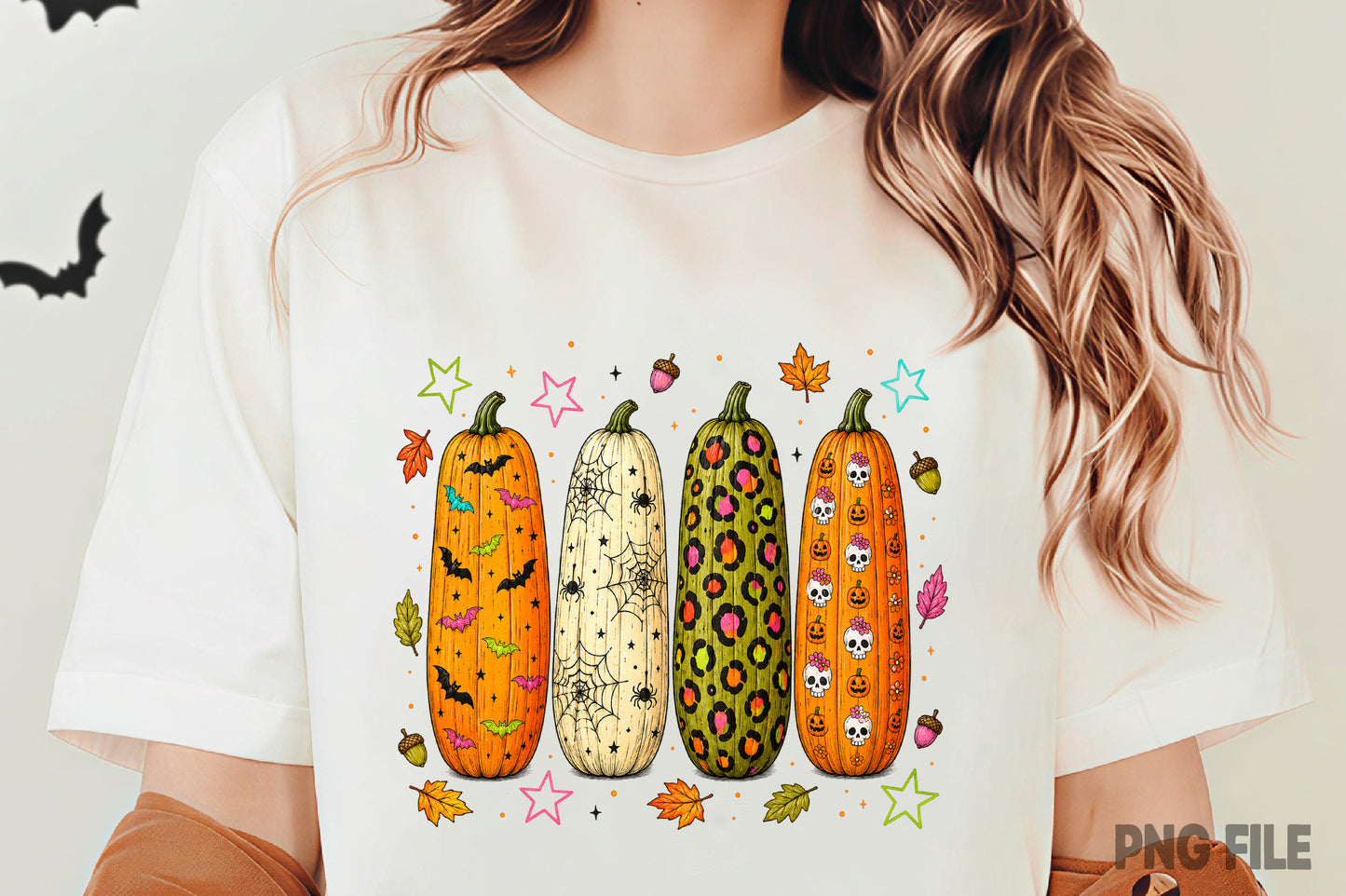 Preppy Halloween Pumpkin PNG | Cute Spooky Fall Pumpkin Clipart | Colorful Bat Spiderweb Leopard Skull Sublimation Design