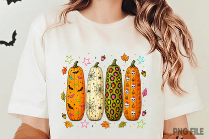 Preppy Halloween Pumpkin PNG | Cute Spooky Fall Pumpkin Clipart | Colorful Bat Spiderweb Leopard Skull Sublimation Design