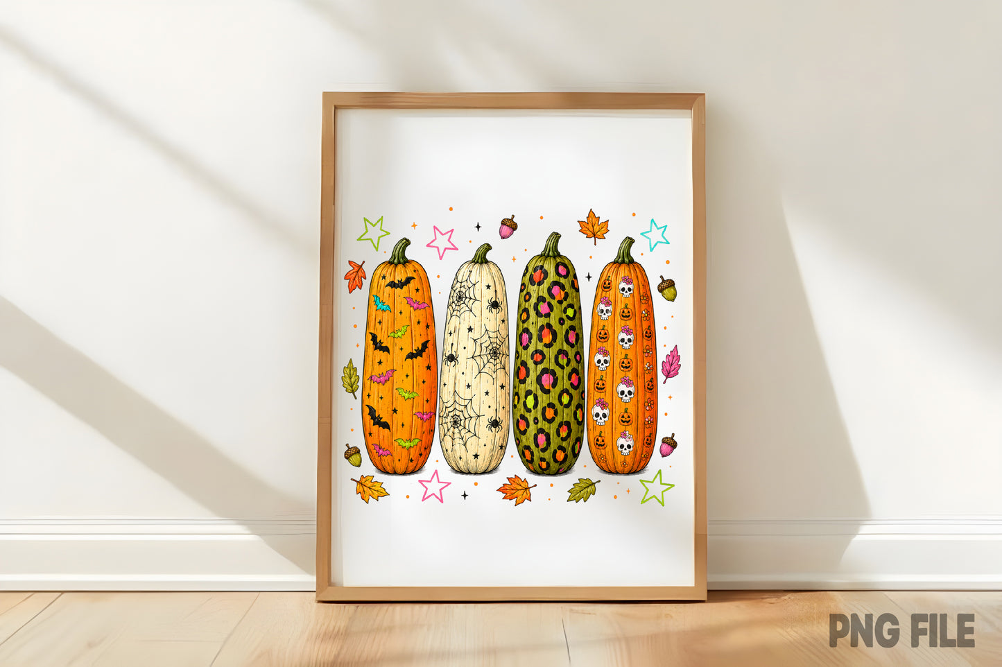 Preppy Halloween Pumpkin PNG | Cute Spooky Fall Pumpkin Clipart | Colorful Bat Spiderweb Leopard Skull Sublimation Design