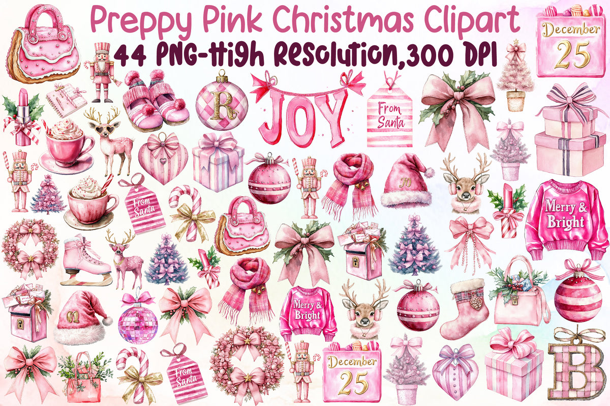 Preppy Pink Christmas Watercolor Clipart Holiday PNG Bundle