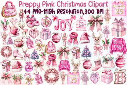 Preppy Pink Christmas Watercolor Clipart Holiday PNG Bundle