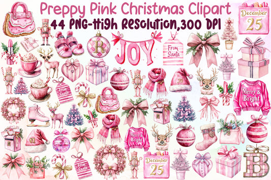Preppy Pink Christmas Watercolor Clipart Holiday PNG Bundle