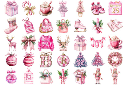 Preppy Pink Christmas Watercolor Clipart Holiday PNG Bundle