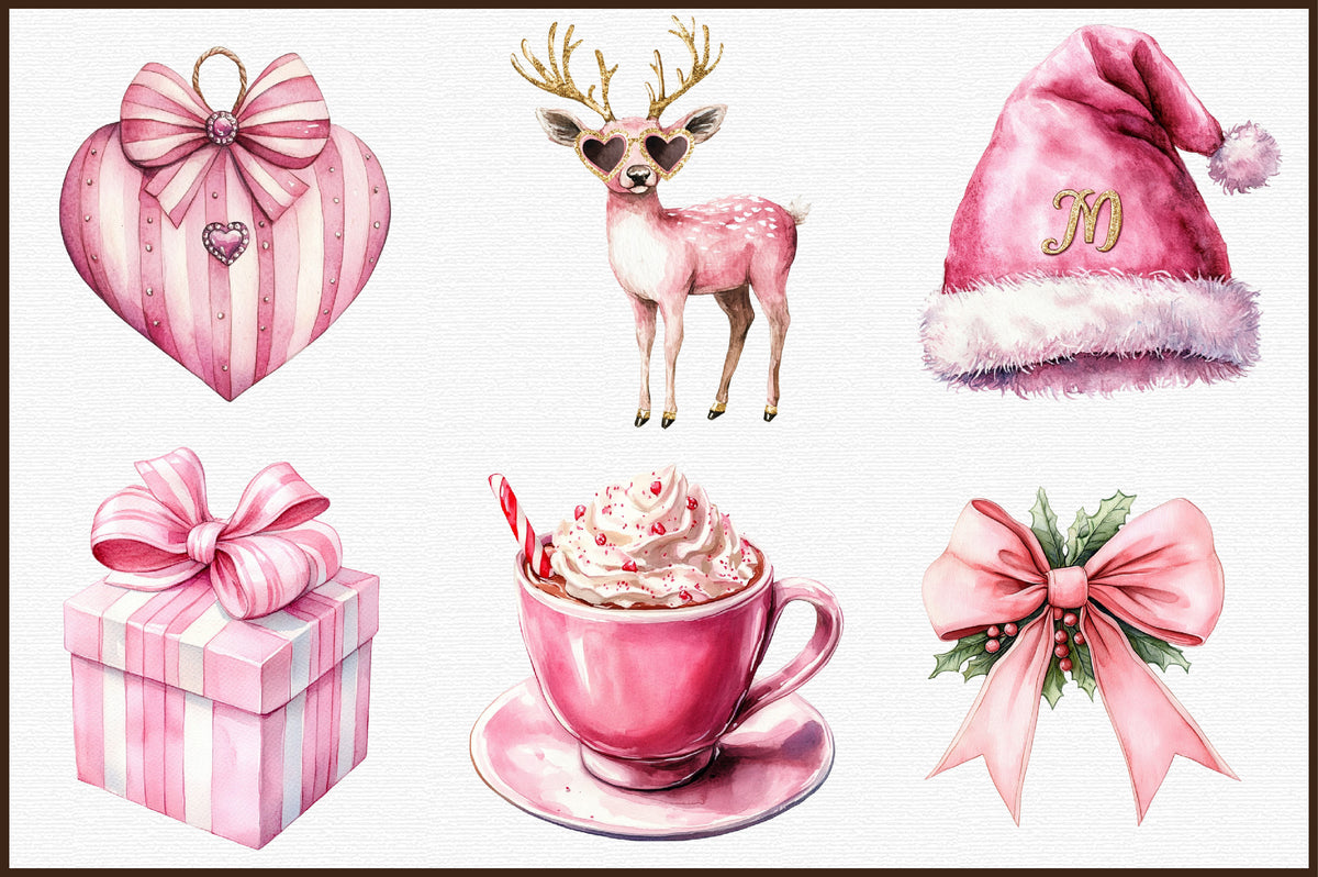 Preppy Pink Christmas Watercolor Clipart Holiday PNG Bundle