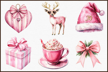 Preppy Pink Christmas Watercolor Clipart Holiday PNG Bundle