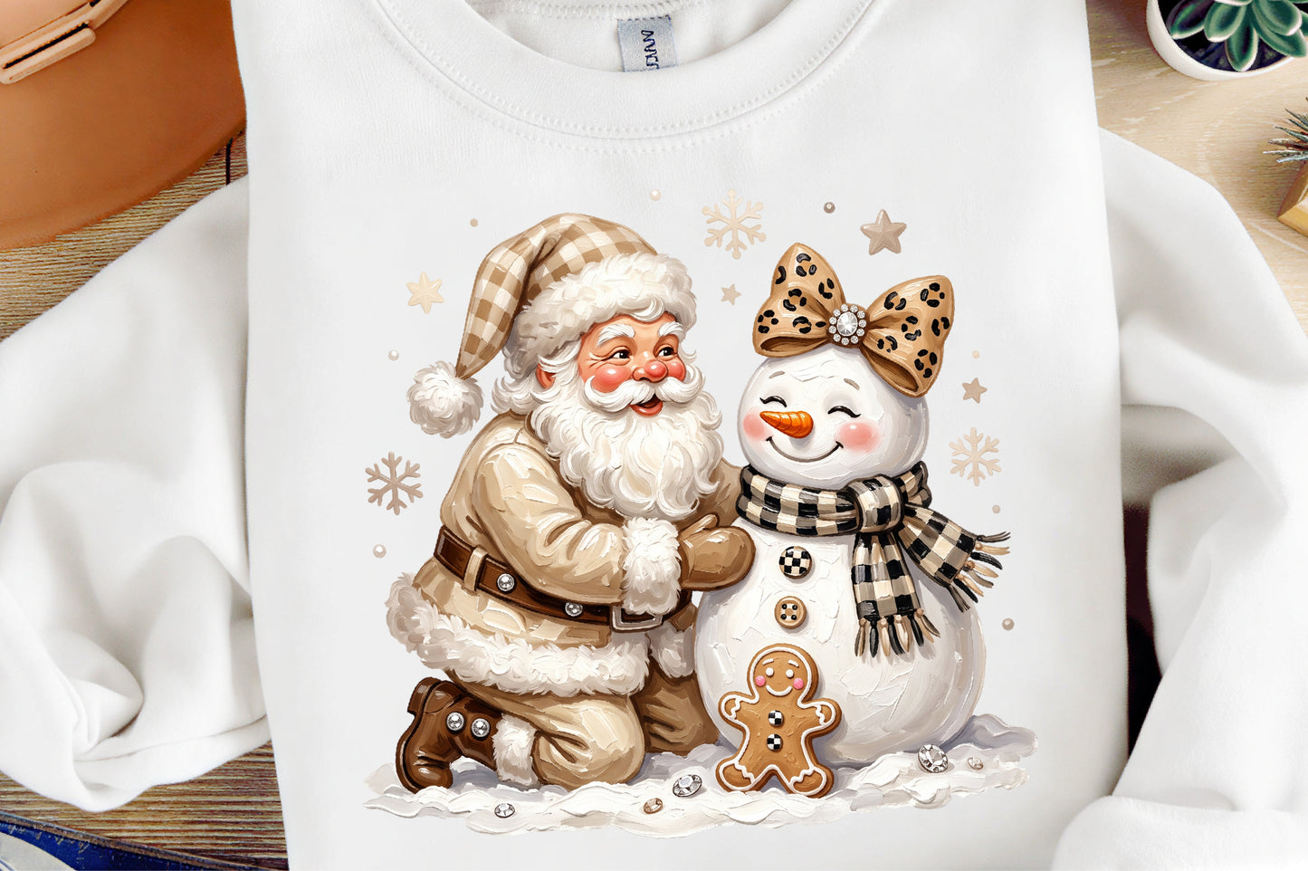 Preppy Santa Snowman Christmas PNG Coquette Leopard Bow Holiday Clipart