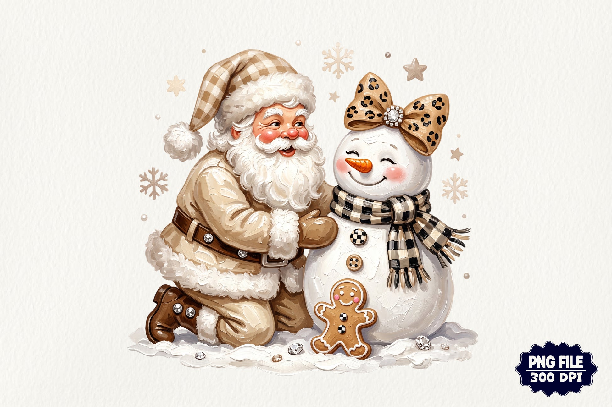 Preppy Santa Snowman Christmas PNG Coquette Leopard Bow Holiday Clipart