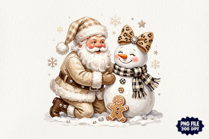 Preppy Santa Snowman Christmas PNG Coquette Leopard Bow Holiday Clipart