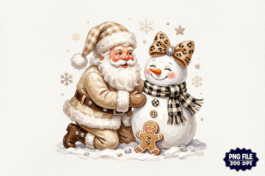 Preppy Santa Snowman Christmas PNG Coquette Leopard Bow Holiday Clipart