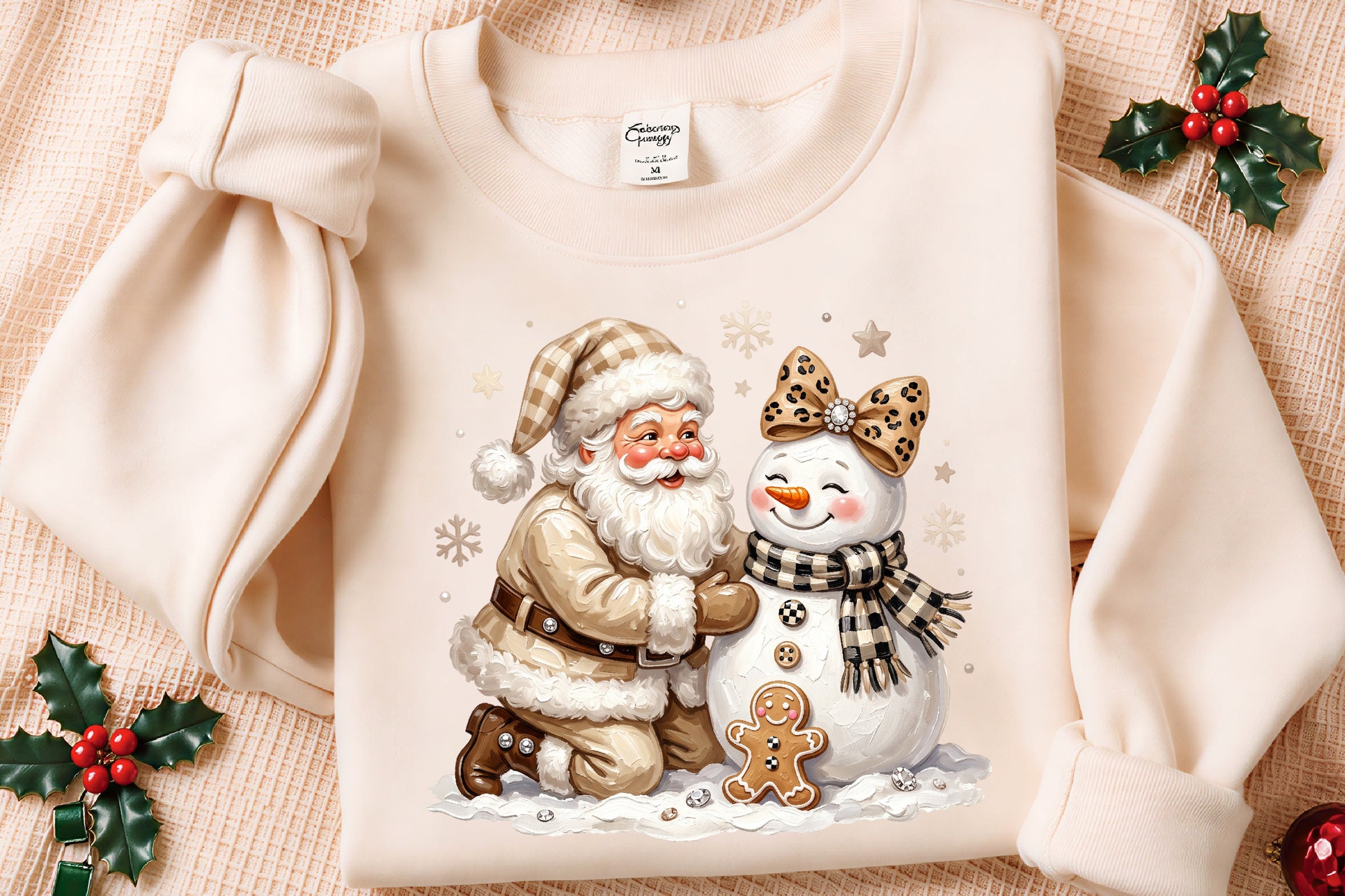 Preppy Santa Snowman Christmas PNG Coquette Leopard Bow Holiday Clipart