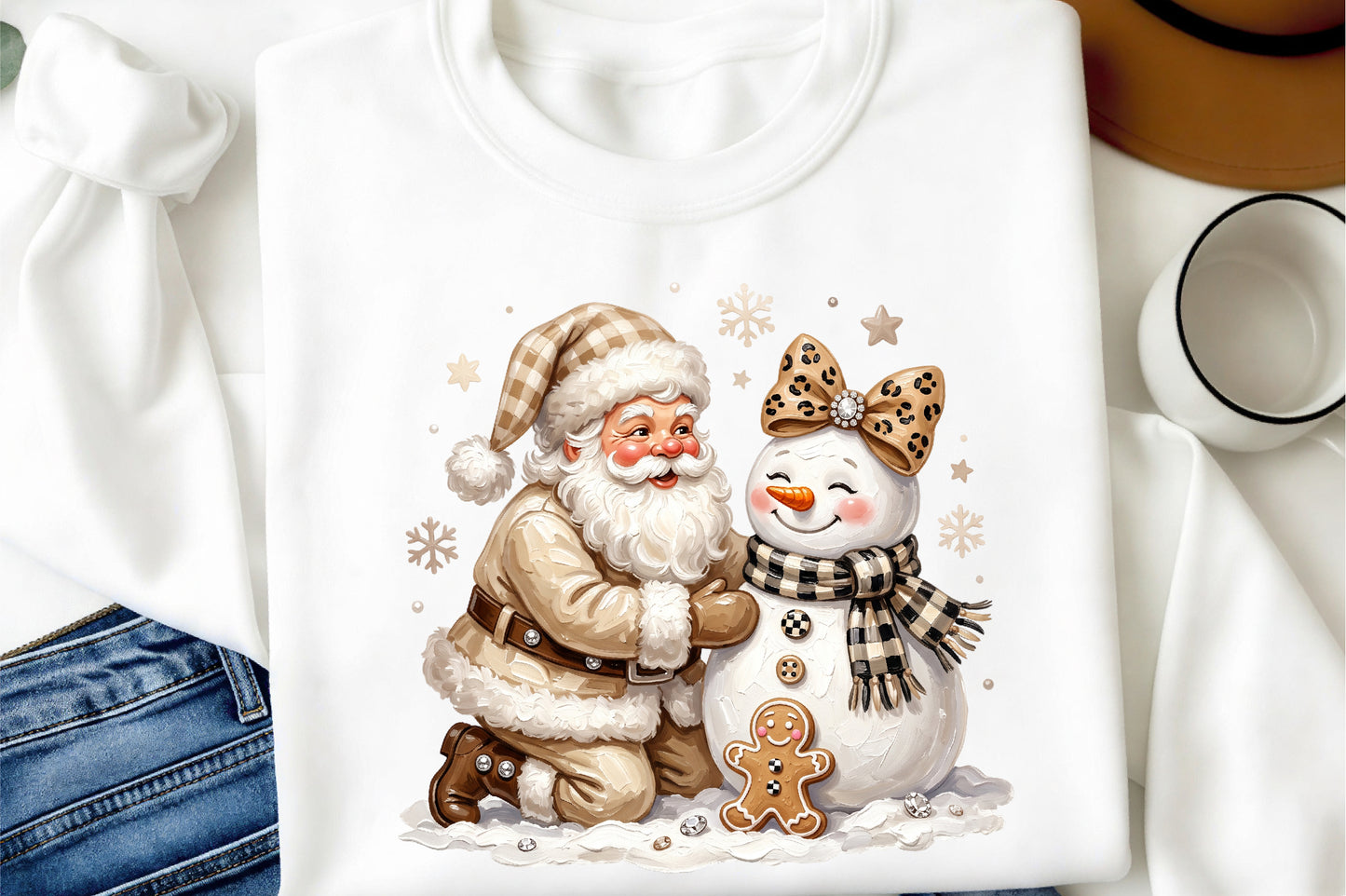 Preppy Santa Snowman Christmas PNG Coquette Leopard Bow Holiday Clipart