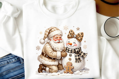 Preppy Santa Snowman Christmas PNG Coquette Leopard Bow Holiday Clipart