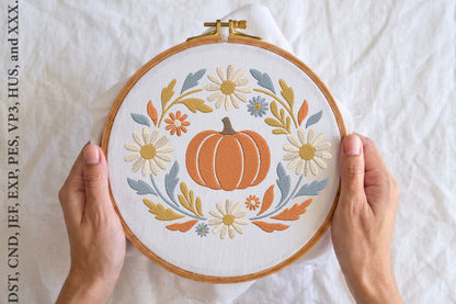 Pumpkin Embroidery Design with Flowers – Beautiful Floral Pumpkin Machine Embroidery Pattern, Autumn Fall Embroidery Design