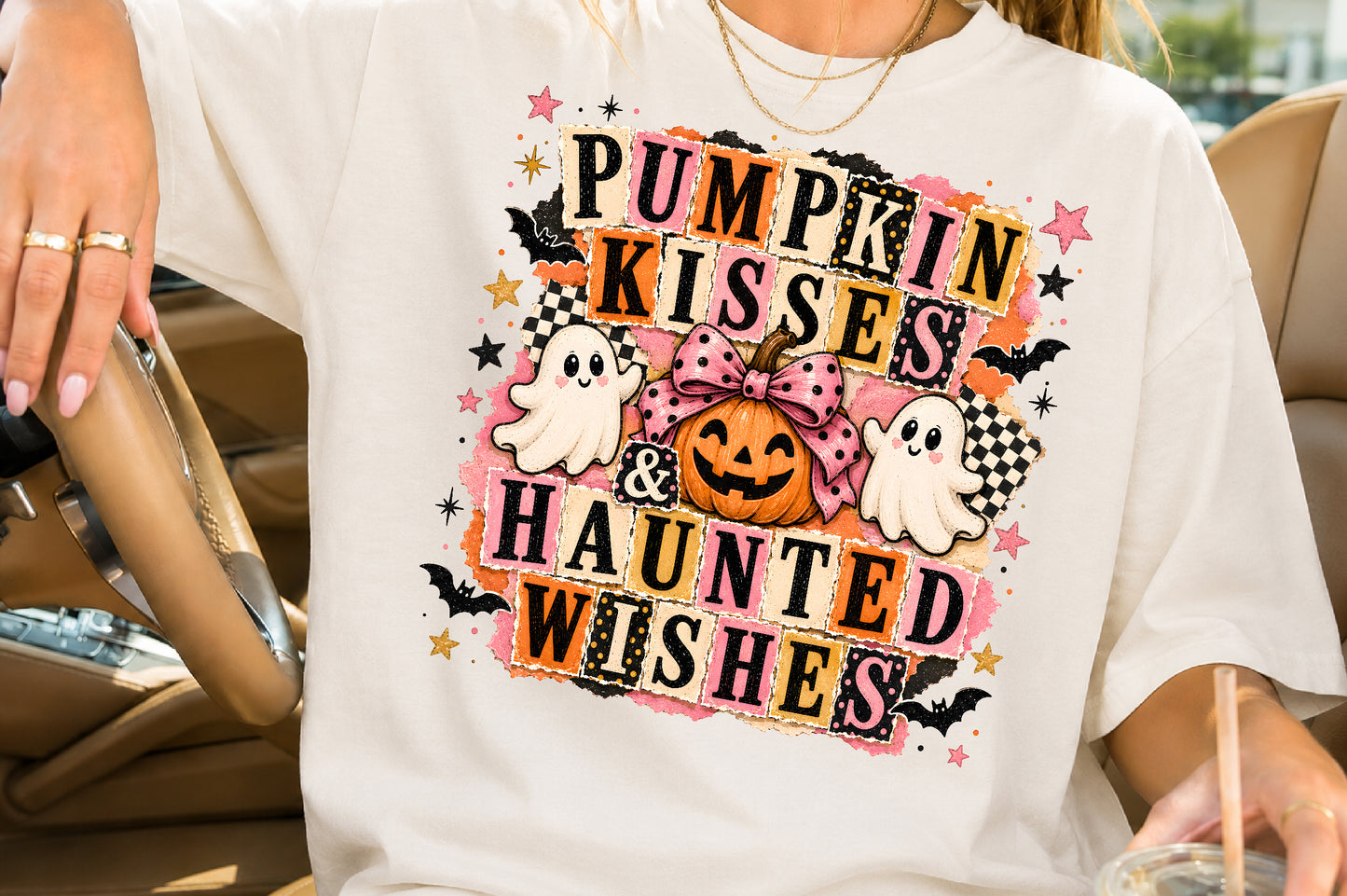 Pumpkin Kisses Haunted Wishes PNG Cute Pink Ghost Halloween Sublimation