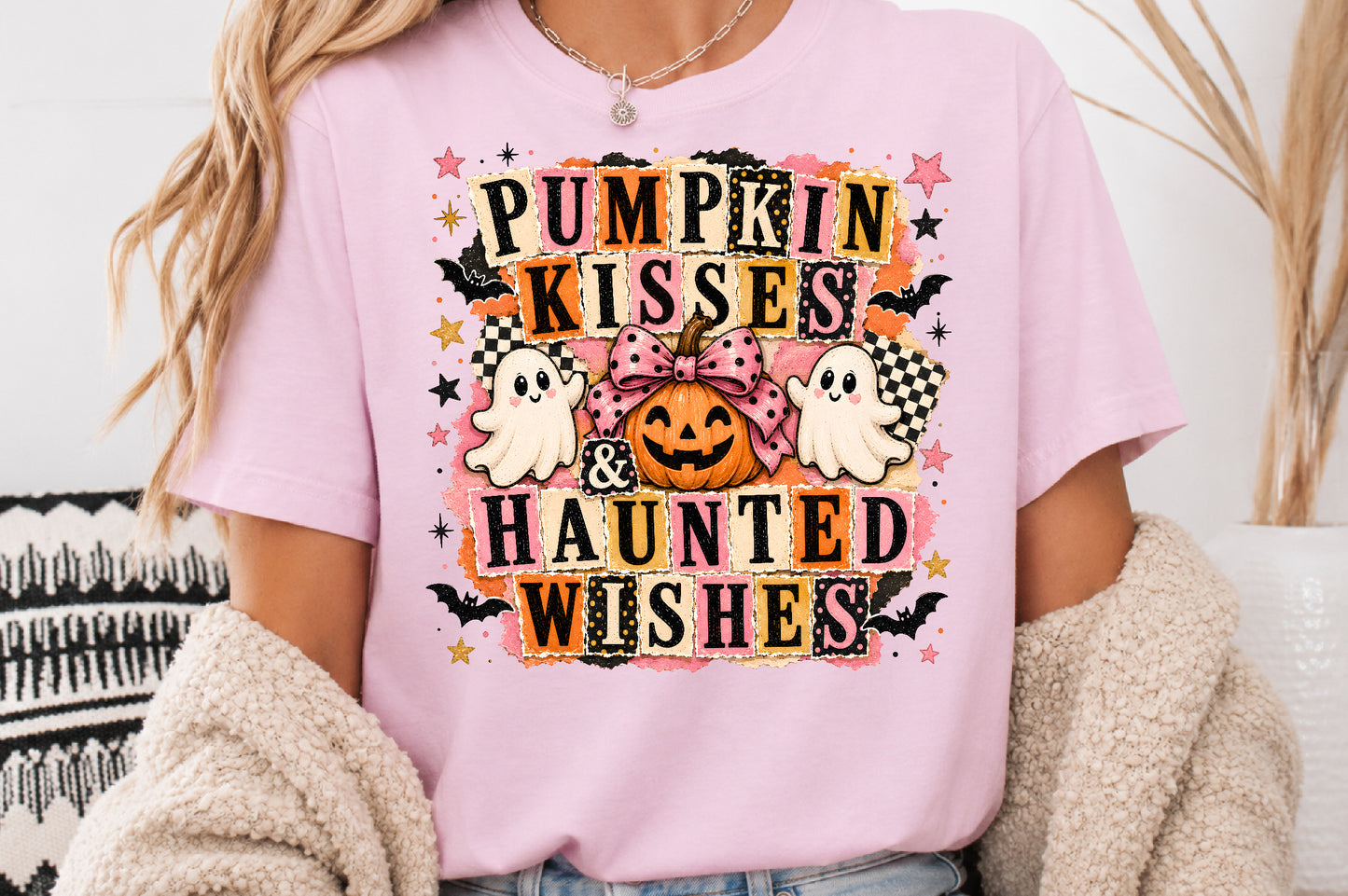 Pumpkin Kisses Haunted Wishes PNG Cute Pink Ghost Halloween Sublimation