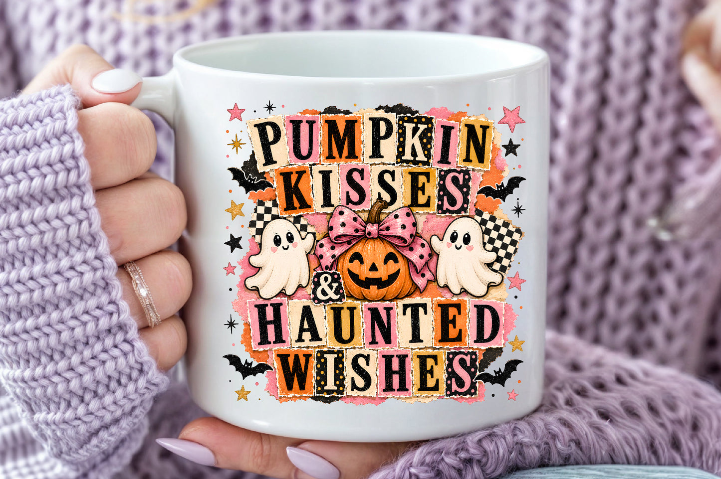 Pumpkin Kisses Haunted Wishes PNG Cute Pink Ghost Halloween Sublimation
