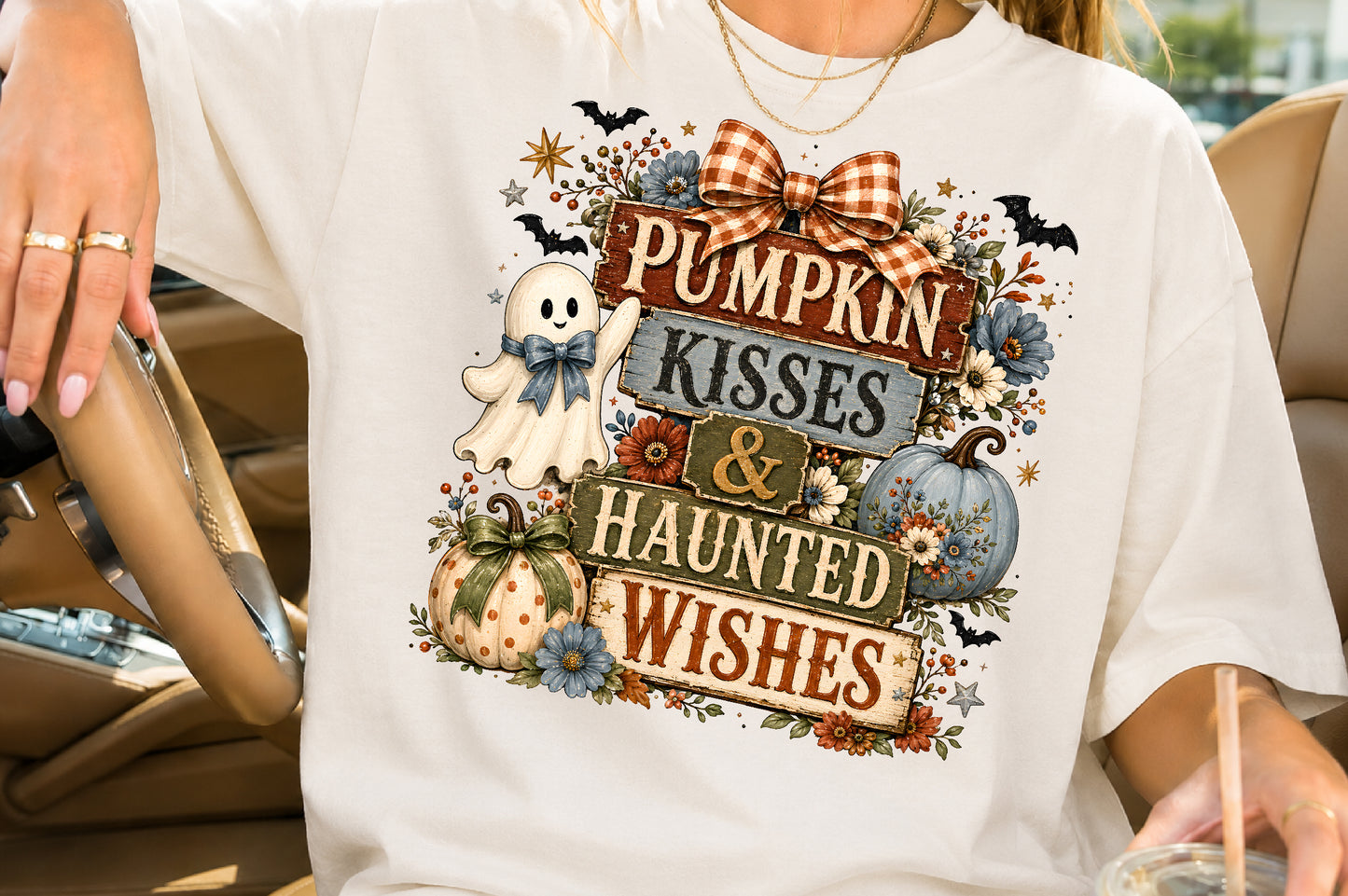 Pumpkin Kisses Haunted Wishes PNG Rustic Halloween Ghost Sublimation Design