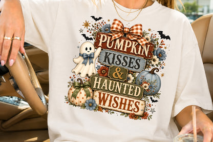 Pumpkin Kisses Haunted Wishes PNG Rustic Halloween Ghost Sublimation Design