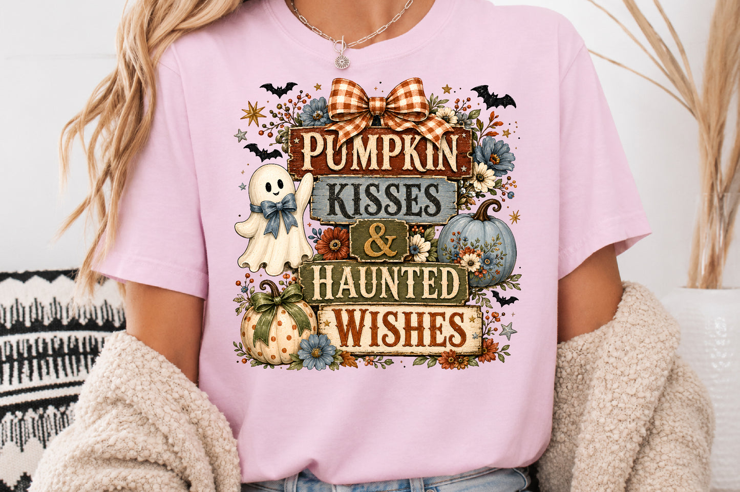 Pumpkin Kisses Haunted Wishes PNG Rustic Halloween Ghost Sublimation Design