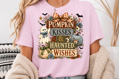 Pumpkin Kisses Haunted Wishes PNG Rustic Halloween Ghost Sublimation Design