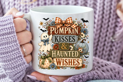 Pumpkin Kisses Haunted Wishes PNG Rustic Halloween Ghost Sublimation Design