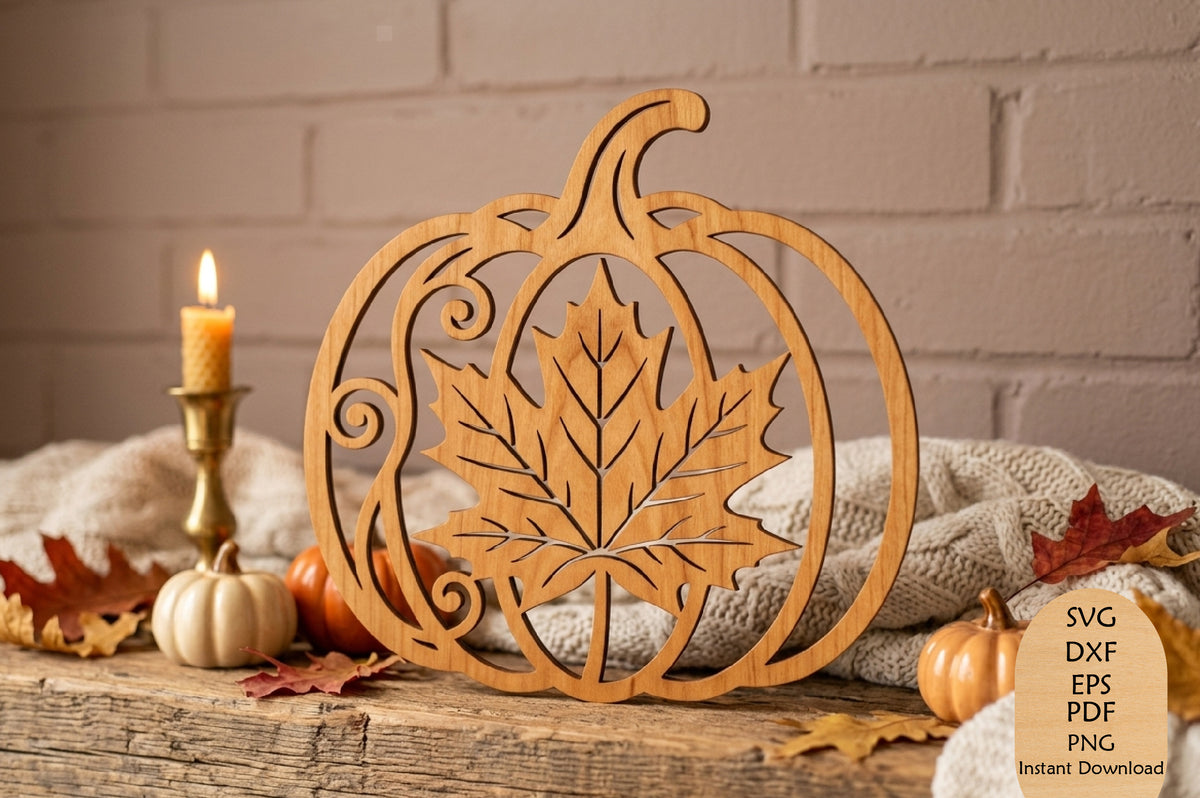 Pumpkin Maple Leaf Laser Cut SVG, Fall Pumpkin Autumn Leaf Wood Sign Cut File