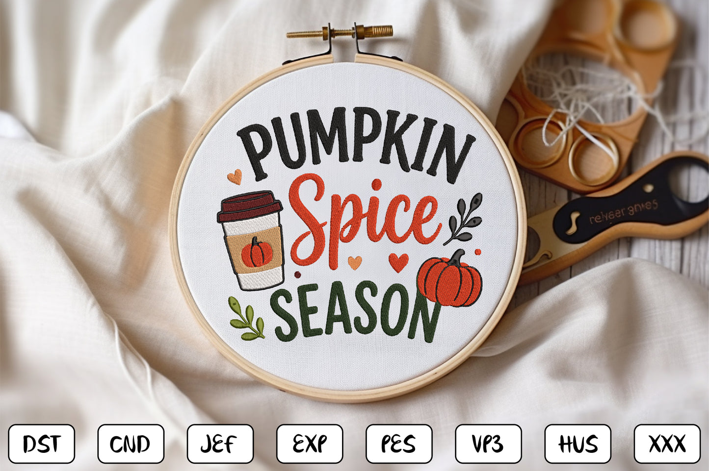 Pumpkin Spice Season Embroidery Design, Cute Fall Coffee & Pumpkin Machine Embroidery Pattern, Autumn Embroidery Design