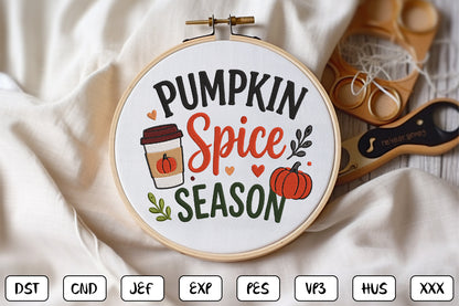Pumpkin Spice Season Embroidery Design, Cute Fall Coffee & Pumpkin Machine Embroidery Pattern, Autumn Embroidery Design