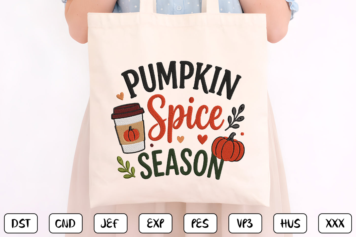 Pumpkin Spice Season Embroidery Design, Cute Fall Coffee & Pumpkin Machine Embroidery Pattern, Autumn Embroidery Design