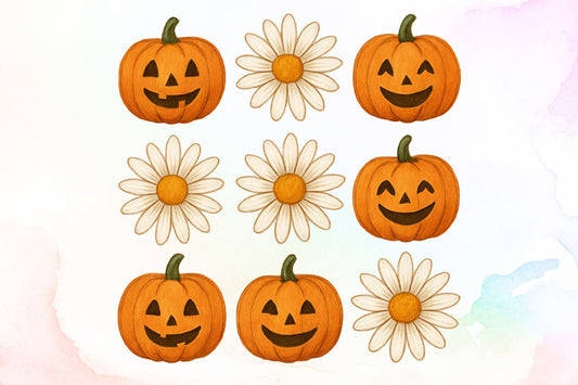 Cute Pumpkin Flower Watercolor Halloween Clipart PNG Bundle