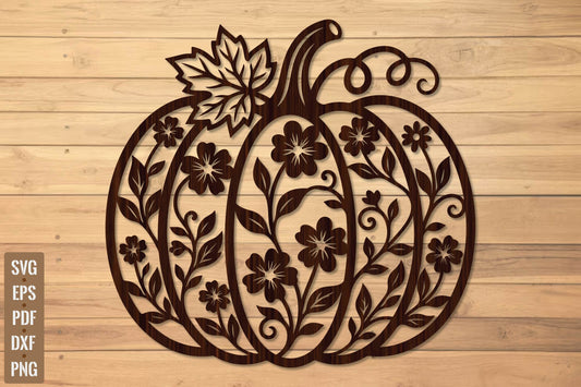 Floral Pumpkin Fall Wall Sign Laser Cut SVG, Flower Pumpkin Cut File, Autumn Home Decor