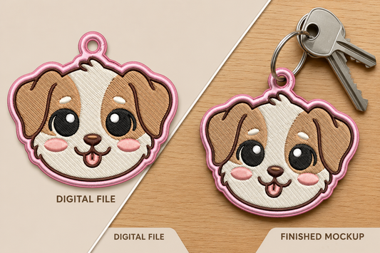 Cute Puppy Keychain Embroidery Design – Adorable Puppy Dog Machine Embroidery Pattern, Cute Dog Key Fob & Bag Charm Design