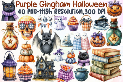 Purple Gingham Halloween Watercolor Clipart Spooky PNG Bundle