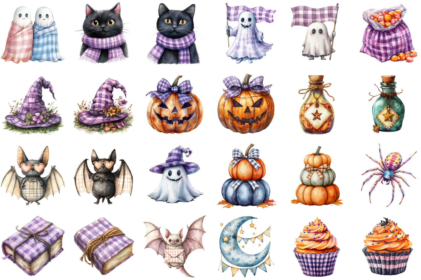 Purple Gingham Halloween Watercolor Clipart Spooky PNG Bundle