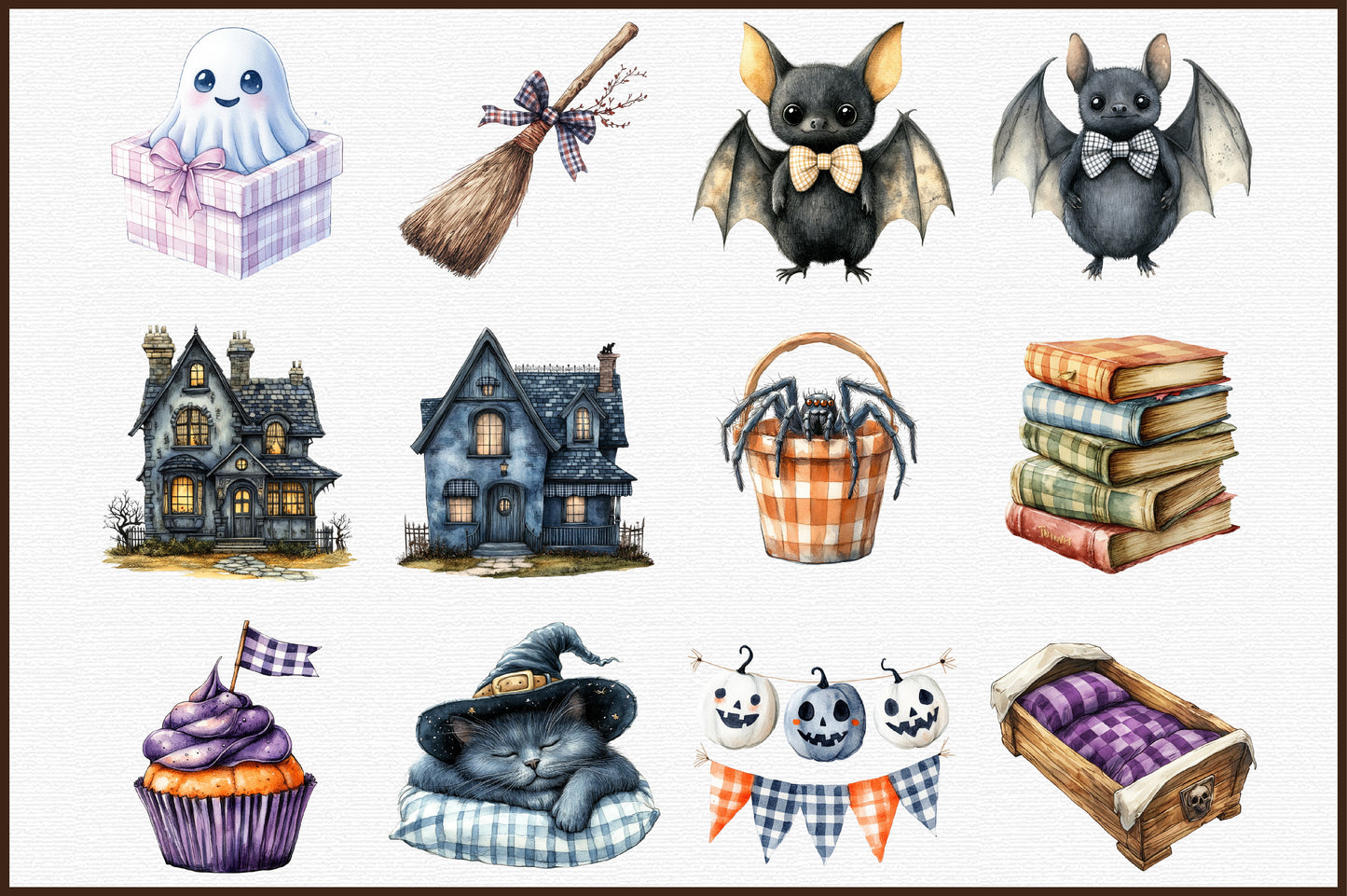 Purple Gingham Halloween Watercolor Clipart Spooky PNG Bundle