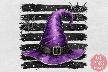 Purple Witch Hat Halloween PNG Spooky Witch Hat Spider Web Sublimation Design