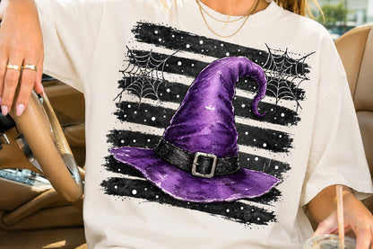 Purple Witch Hat Halloween PNG Spooky Witch Hat Spider Web Sublimation Design