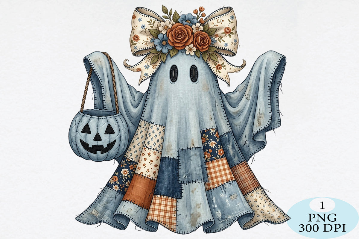Quilted Floral Ghost Halloween PNG