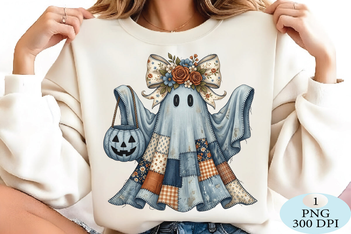 Quilted Floral Ghost Halloween PNG