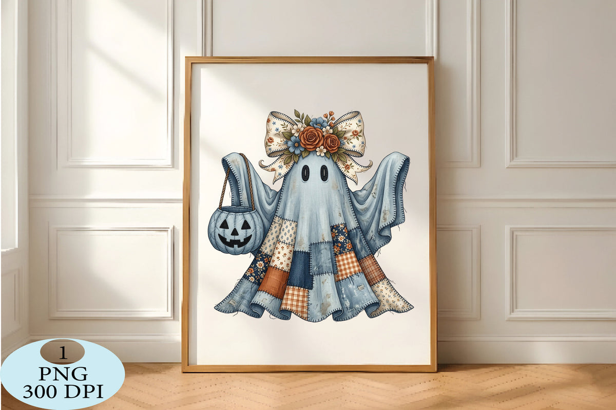 Quilted Floral Ghost Halloween PNG