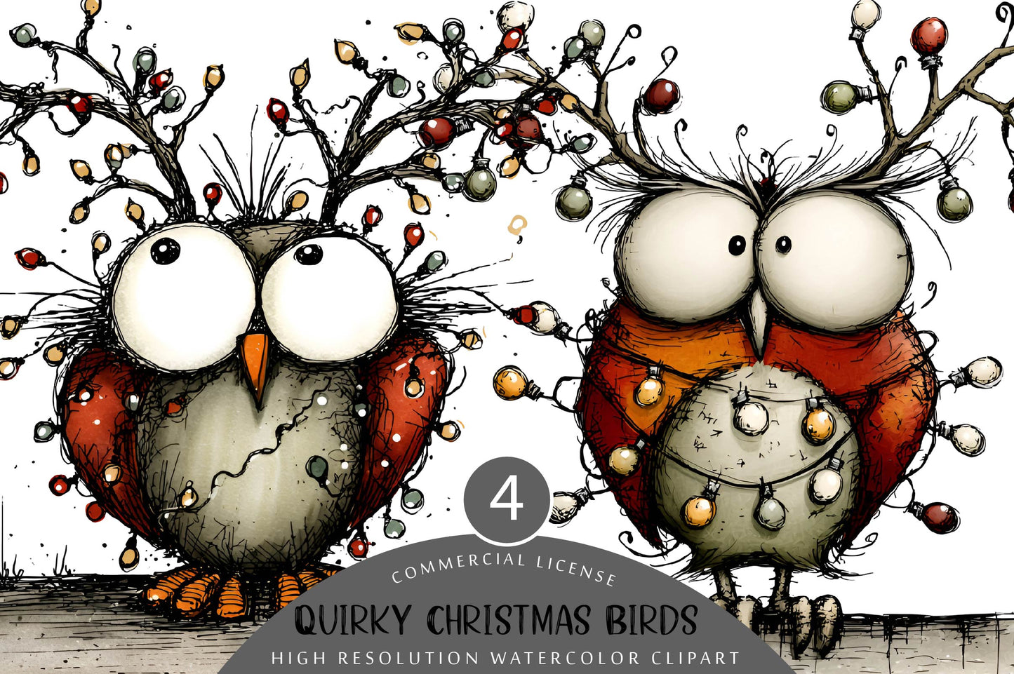 Quirky Christmas Birds Clipart PNG Funny Watercolor Holiday Birds