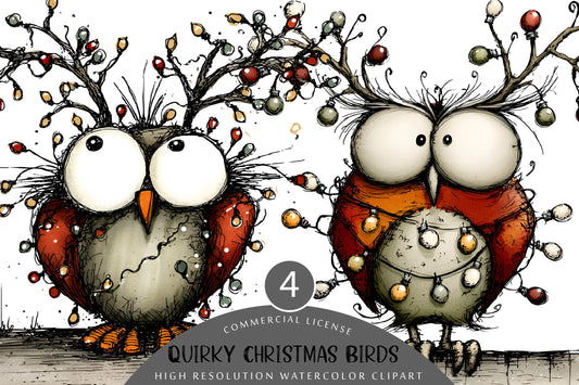 Quirky Christmas Birds Clipart PNG Funny Watercolor Holiday Birds
