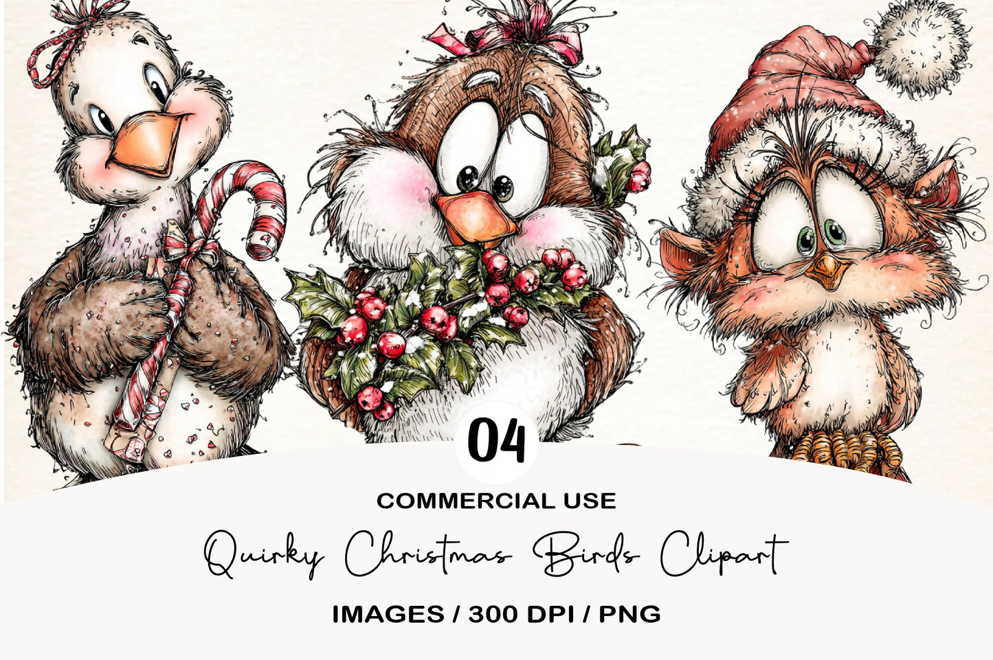 Quirky Christmas Birds Clipart PNG