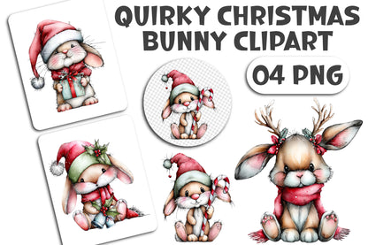 Quirky Christmas Bunny Clipart PNG Bundle