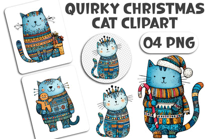 Quirky Christmas Cat Clipart PNG Bundle