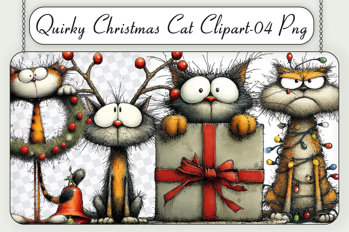 Quirky Christmas Cat Watercolor Clipart PNG Bundle