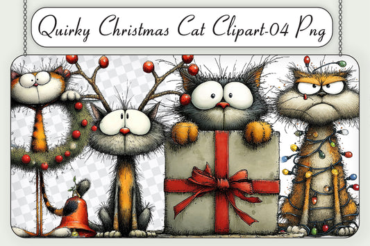 Quirky Christmas Cat Watercolor Clipart PNG Bundle