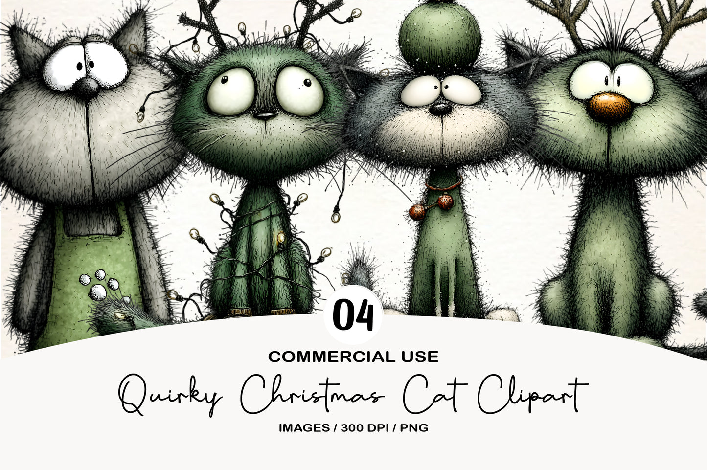 Quirky Christmas Cat Clipart PNG Bundle | Cute Watercolor Holiday Cat Clipart | Festive Christmas Kitty PNG