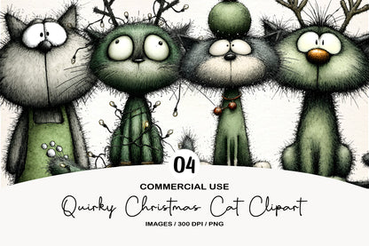 Quirky Christmas Cat Clipart PNG Bundle | Cute Watercolor Holiday Cat Clipart | Festive Christmas Kitty PNG