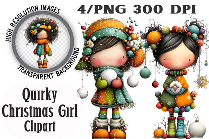 Quirky Christmas Cute Girl Clipart PNG Bundle | Adorable Watercolor Holiday Girl Clipart